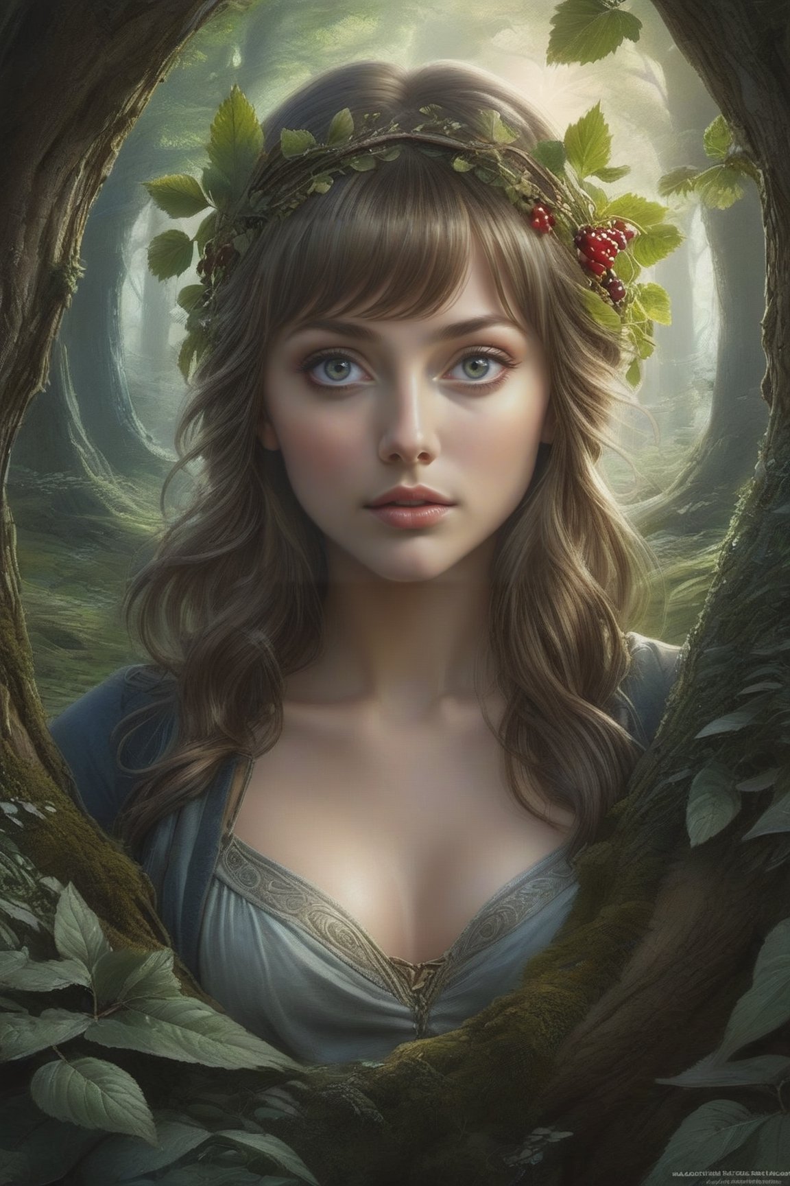 face of beautiful young woman with auborn hair and hazle eyes, looking at camera, art by aaron horkey, epic poster, forest, berries, watercolor painting, Jean-Baptiste Monge style, bright, beautiful in spring, splash, big perfect eyes, rim lighting, lights, magic, fa