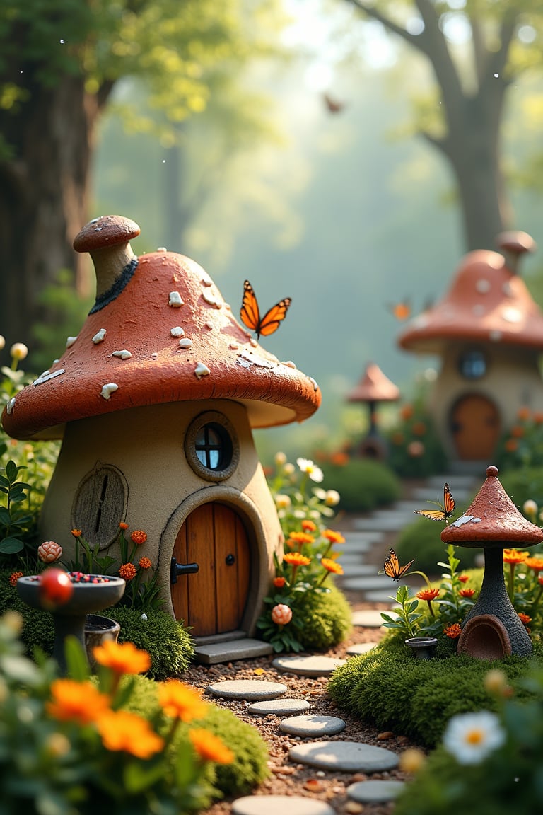 A whimsical fairy village scene: A mushroom-shaped fairy house with Bones,thatched roof and small windows, nestled among lush vegetation, wildflowers, and mossy stones. Fairy lights twinkle amidst miniature gardening tools and bird baths adorned with acorn hats. Butterflies and ladybugs flit about, as dew-kissed leaves and morning mist create a soft, dreamy atmosphere. Sunlight filters through the trees, casting a warm glow on the pastel-hued village, surrounded by enchanting forest backgrounds featuring intricate botanical details.