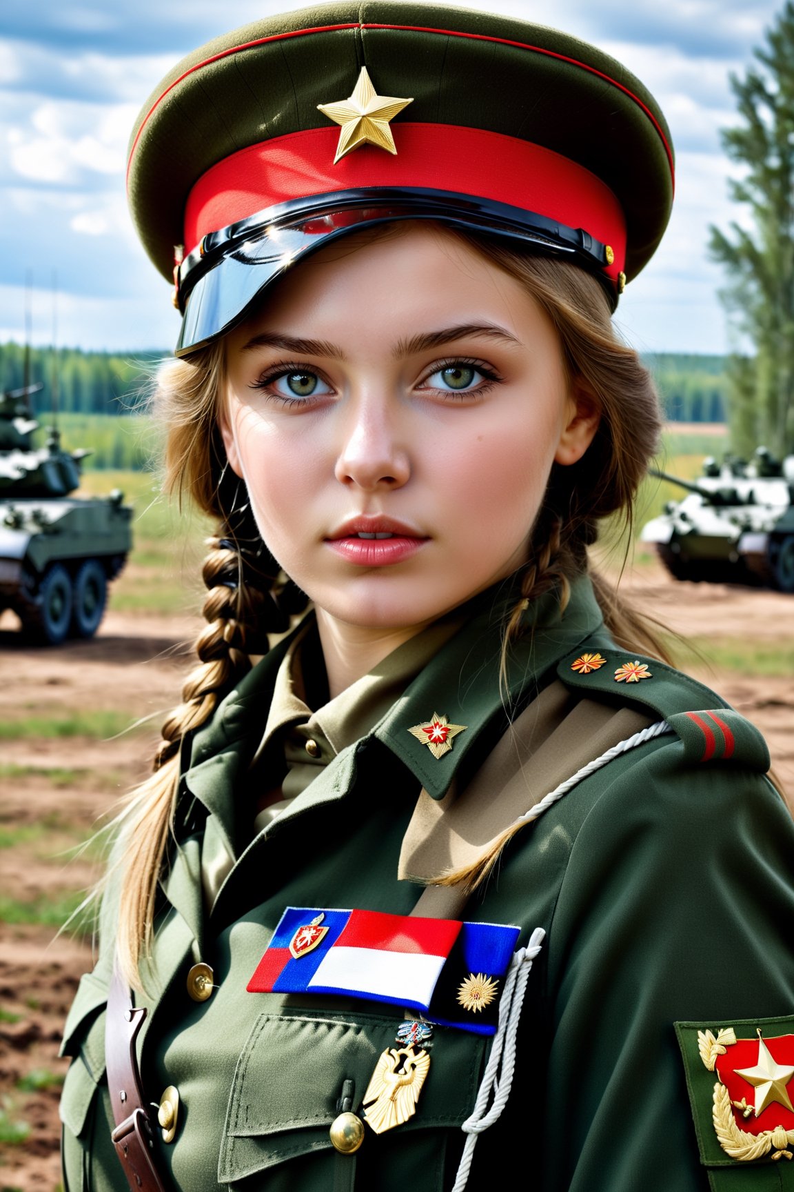 8k, highest quality, ultra detailed:1.37), Masha, 18yo, a beautiful Russian girl, proudly stands in a military uniform, representing her role as a soldier. She wears a fitted olive green dress, complete with a beret and combat boots. The high-resolution image captures ultra-detailed realism, highlighting masha's determined expression, piercing eyes, and confident stance. The backdrop showcases an russian military base, adding to the authenticity and significance of the image. This visually striking representation showcases Eliana's strength and dedication as a soldier.