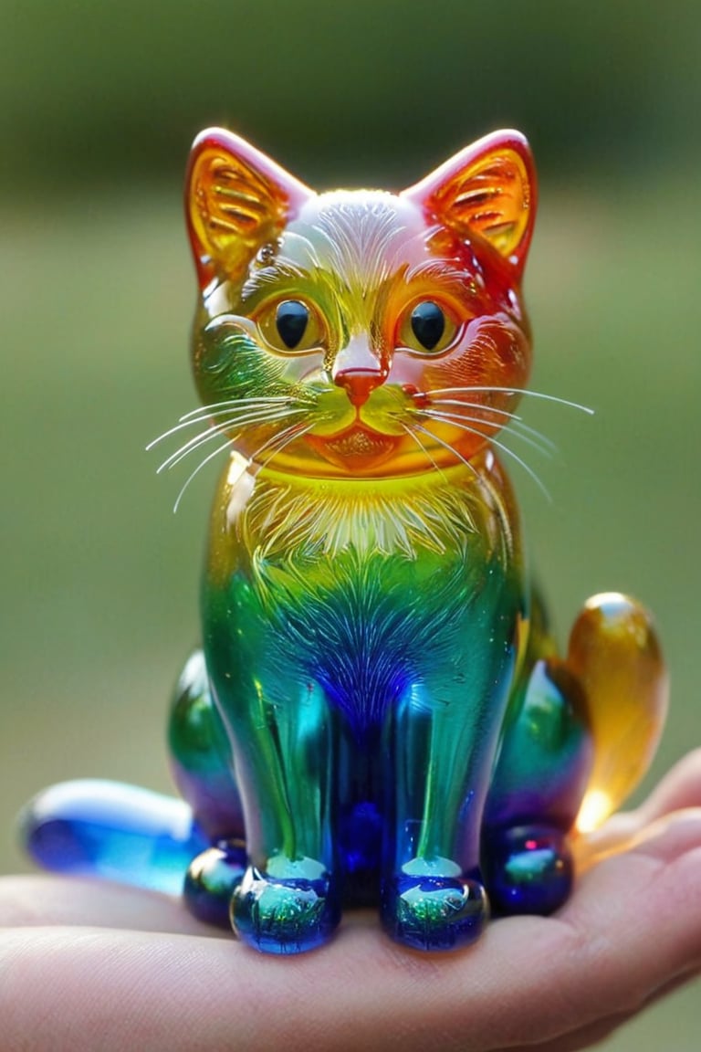photo, an cute colored glass cat figure, sitting in a hand