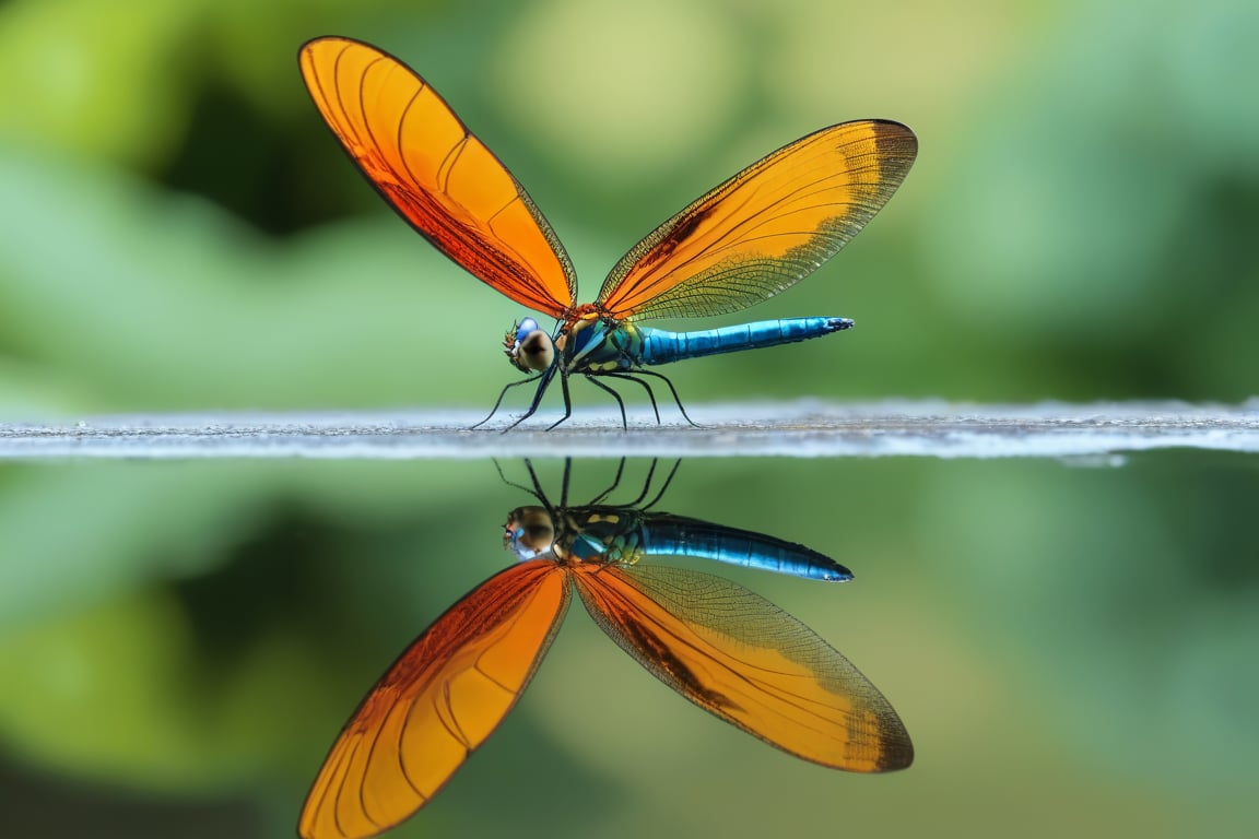 A beautiful and large colorful butterfly is reflected in a mirror and what is seen on the other side is the shape of a dragonfly