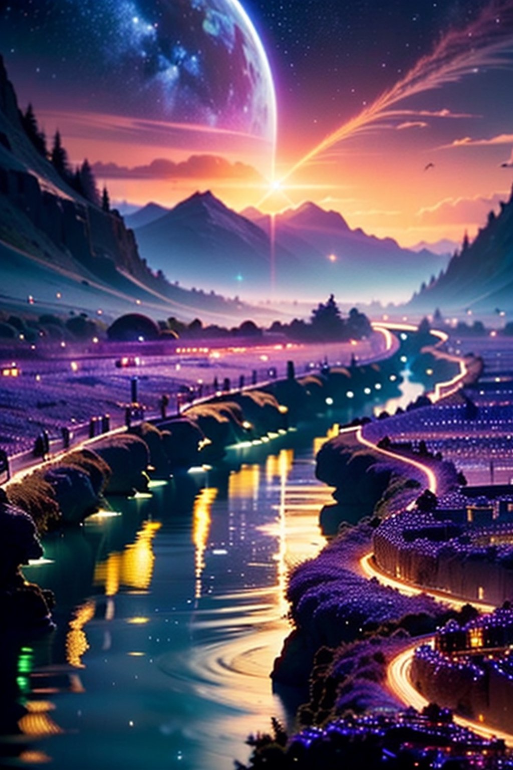 best masterpiece) (high resolution,dark mountains,sunset,not a single human being,beautiful light in the sky,heart-shaped stars in the sky,many hills,beautiful,relaxed atmosphere,river flows,on the left is the earth,two suns,flock of birds aliens,Nature