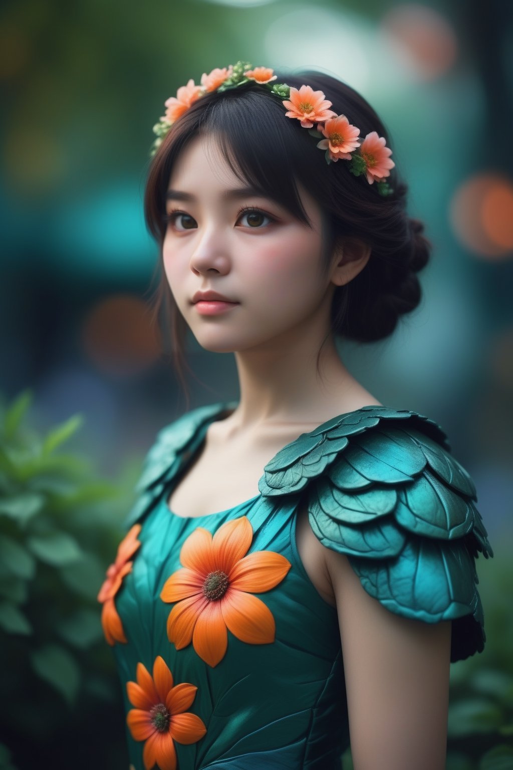 woman, flower dress, colorful, darl background,flower armor,green theme,exposure blend, medium shot, bokeh, (hdr:1.4), high contrast, (cinematic, teal and orange:0.85), (muted colors, dim colors, soothing tones:1.3), low saturation