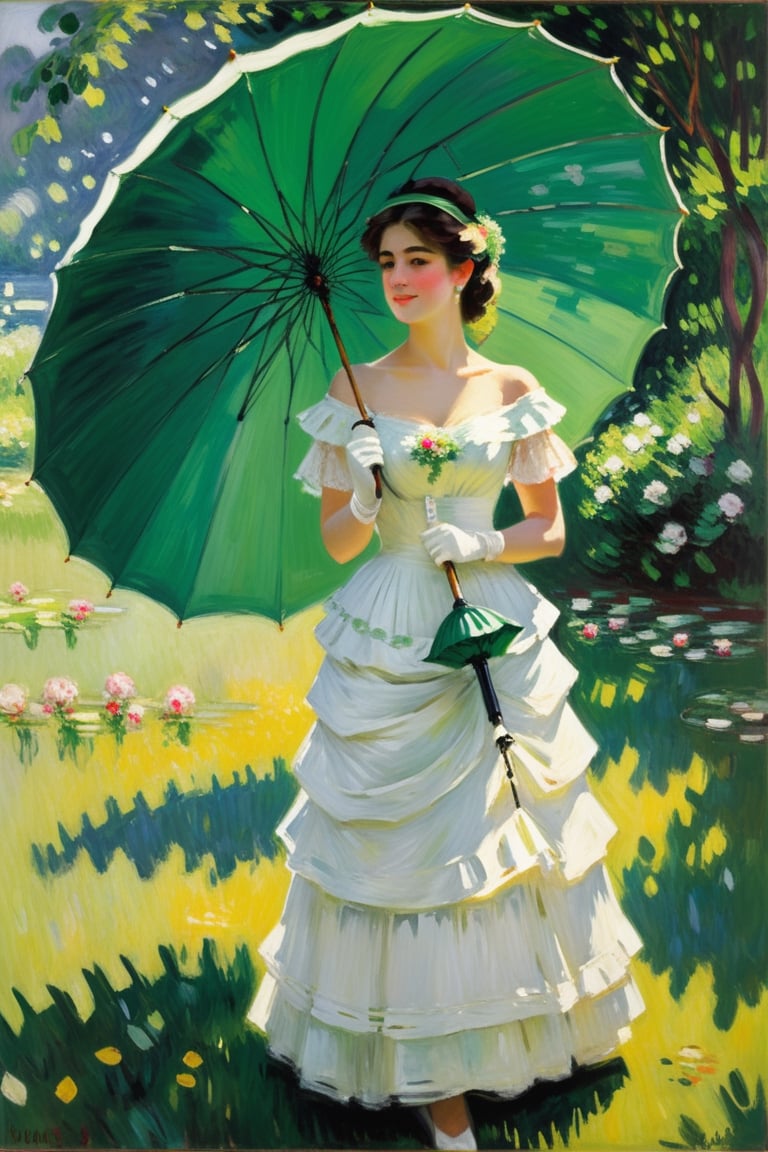 painting of a woman in a white dress holding a green umbrella, standing with a parasol, monet painting, monet painted, by claude monet, by Claude Monet, charles monet, style of monet, claude monet), by Monet, an impressionist painting, by Blanche Hoschedé Monet, calude monet style, style of claude monet, monet. stunning lighting,