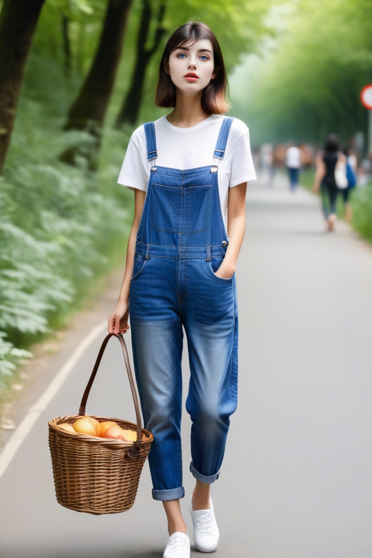 Cat wearing overalls and carrying a basket, street style, wearing blue jeans, white T-shirt with transparent/translucent effect, forest style, stripes, urban street life scene, -ar 9:16, long legs and hot body, more Multi-detail XL