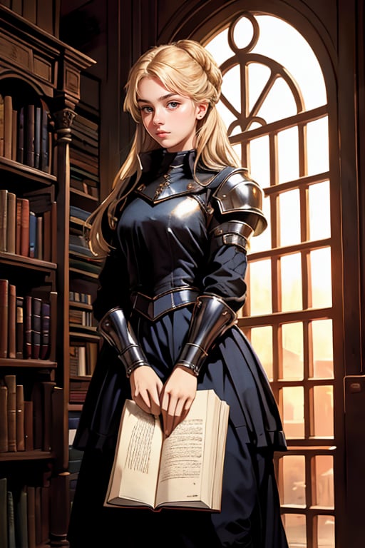 17 year old Medieval girl, named Sophie, medium blonde hair, blue eyes, medium breast, dynamic view, teen peasant girl, full body, 17 years old, (masterpiece), ultra high resolution, 8k, masterpiece UHD, unparalleled masterpiece, ultra realistic 8K, one beautiful girl,{masutepiece}, ((Best Quality)), hight resolution, {{Ultra-detailed}}, {extremely details CG}, {8k wall paper},kawaii,anime, Library Ladder, Climbing to reach a top-shelf book, Evening, Books of various sizes surrounding her, Vertical view of the tall bookshelf, Warm overhead lighting, Focus on her curiosity, Leather and paper Texture, Knowledge-seeking Mood, Wearing glasses and a sweater, Hair in a loose bun