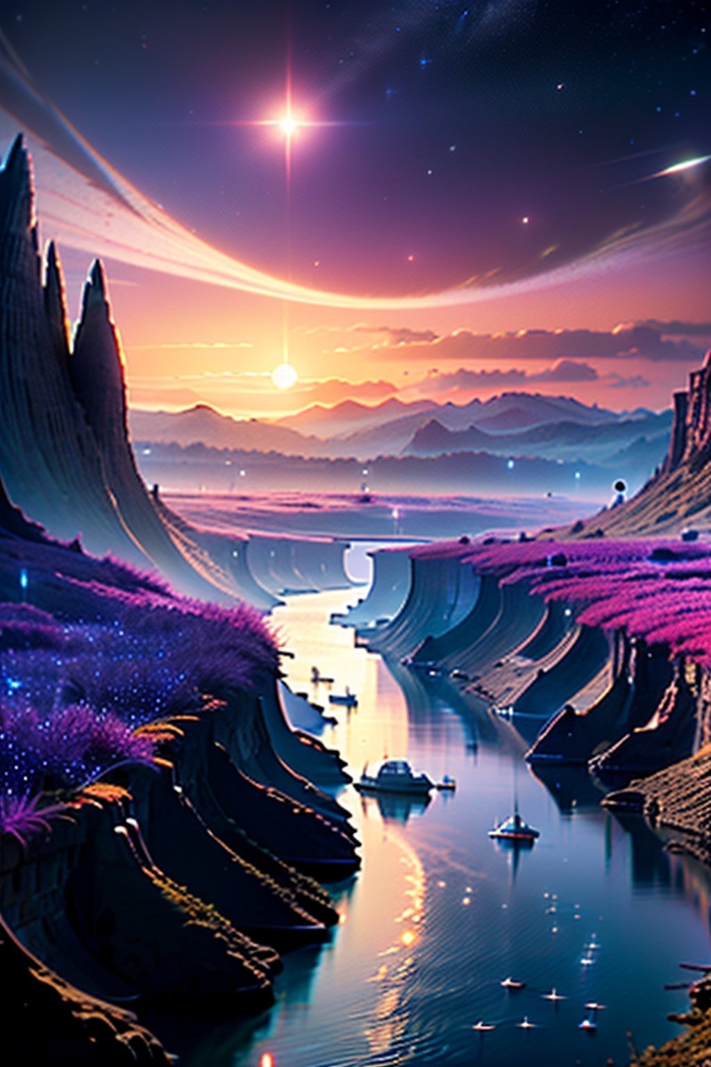 best masterpiece) (high resolution,dark mountains,sunset,not a single human being,beautiful light in the sky,heart-shaped stars in the sky,many hills,beautiful,relaxed atmosphere,river flows,on the left is the earth,two suns,flock of birds aliens,Nature