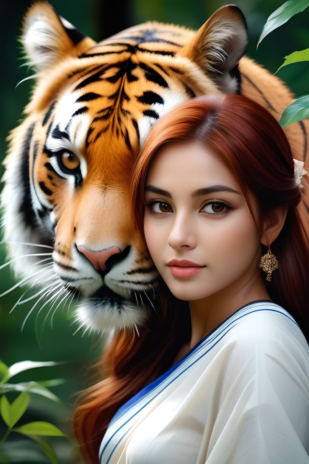 oil painting style, best quality, detailed face, full figure, a half-hybrid girl with a tiger, she has ears like a tiger and a tail like a tiger , the rest of her body is human, she has beautiful red hair, a beautiful symmetrical face with an innocent cut, she is in the forest, she has beautiful black eyes, wearing a floral print white saree dress, she is with other animals symmetrical, vibrant, style artwork, highly detailed CG, 8k wallpaper, beautiful face, full scene, full body shape