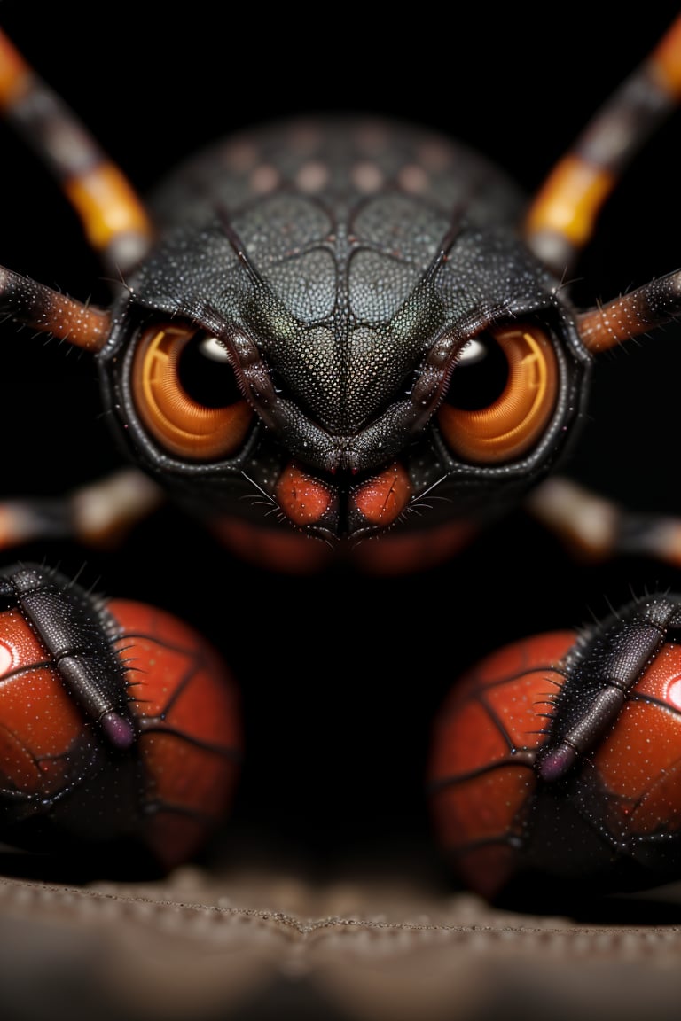 Close up photo of a spider with red and black body, looking at the camera, cave background at dusk, macro photography, hdri, vibrant colors, in the style of National Geographic, intricate details, Nikon D50 camera, low evening light