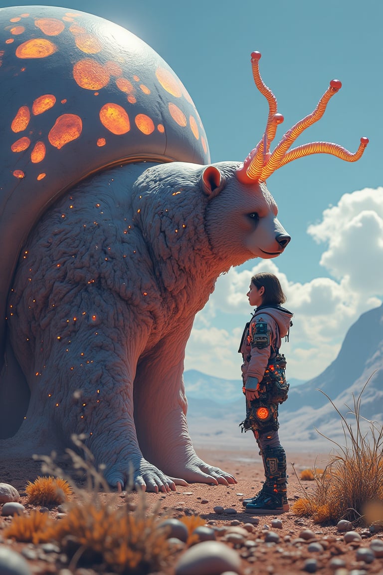 ((masterpiece)), highly detailed, digital illustration, a bear standing on a vast, alien landscape, interacting with a gigantic snail with glowing patterns on its shell, the snail’s antennae waving gently as it gazes at her, surreal and dreamlike atmosphere, blending elements of science fiction and fantasy, the girl’s futuristic outfit adorned with small gadgets and lights, vibrant colors contrasting with the strange, otherworldly environment, a sense of curiosity and wonder",Mysticstyle,Add more detail