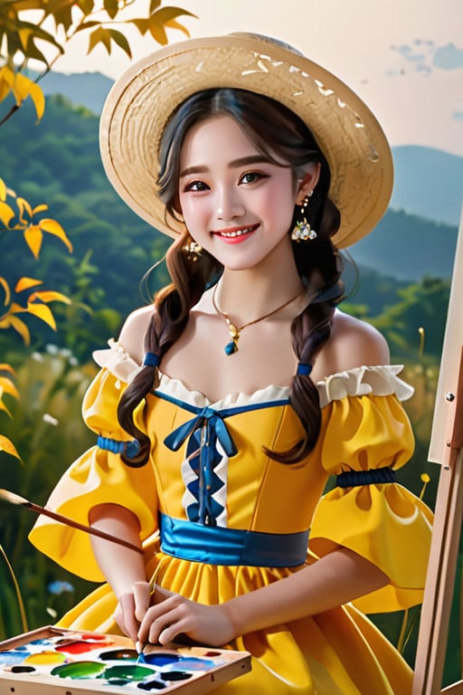 background is glassland,horizon,forest,easel,
18 yo, 1 girl, beautiful korean girl,sit on glassland, making a picture,painting,sit aside easel,holding a palette left hand,painting brush right hand,
happy smile,wearing lovely dress(princess),women hat(small),
solo, {beautiful and detailed eyes}, dark eyes, calm expression, delicate facial features, ((model pose)), Glamor body type, (dark hair:1.2),
simple tiny necklace,simple tiny earrings, flim grain, realhands, masterpiece, Best Quality, 16k, photorealistic, ultra-detailed, finely detailed, high resolution, perfect dynamic composition, beautiful detailed eyes, eye smile, ((nervous and embarrassed)), sharp-focus, full_body, cowboy_shot,