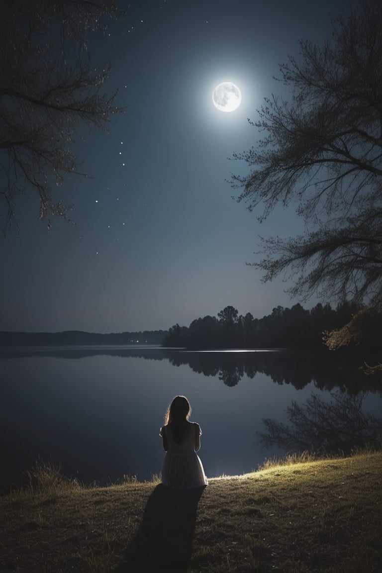 a girl looking at the horizon, in a beautiful night, soft moonlight, rays of moonlight, starlit sky, serene atmosphere, gentle breeze in the air, subtle colors, natural beauty, silhouette of trees, dreamy ambiance, peaceful, calm, reflective, deep thoughts, loneliness, tranquility, inner emotions, faint shadows, mystery, serene expression, soft glow, nighttime scenery, crisp air, nighttime solitude, whispers of night, ethereal atmosphere