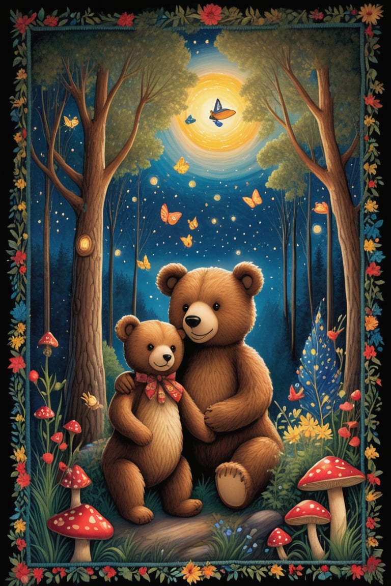 Nightfall in Whimsy Woods: A celestial canvas of starry night skies and twinkling fireflies illuminates a fantastical forest scene. Three endearing Teddy bears - one seated, one standing tall - are surrounded by a lush tapestry of vibrant flora, with the majestic red and yellow mushroom taking center stage. Delicate branches support perched birds, including a rosy-hued companion, adding to the enchanting ambiance.