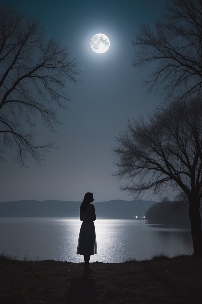 a girl looking at the horizon, in a beautiful night, soft moonlight, rays of moonlight, starlit sky, serene atmosphere, gentle breeze in the air, subtle colors, natural beauty, silhouette of trees, dreamy ambiance, peaceful, calm, reflective, deep thoughts, loneliness, tranquility, inner emotions, faint shadows, mystery, serene expression, soft glow, nighttime scenery, crisp air, nighttime solitude, whispers of night, ethereal atmosphere