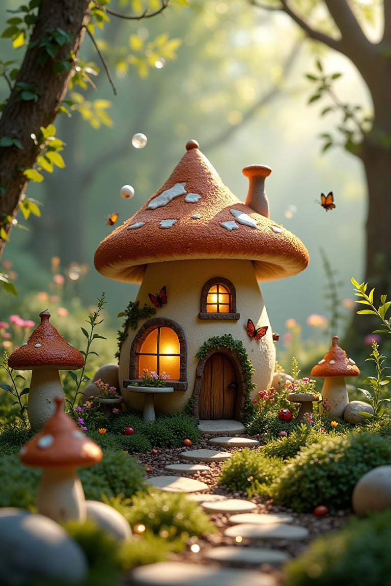 A whimsical fairy village scene: A mushroom-shaped fairy house with Bones,thatched roof and small windows, nestled among lush vegetation, wildflowers, and mossy stones. Fairy lights twinkle amidst miniature gardening tools and bird baths adorned with acorn hats. Butterflies and ladybugs flit about, as dew-kissed leaves and morning mist create a soft, dreamy atmosphere. Sunlight filters through the trees, casting a warm glow on the pastel-hued village, surrounded by enchanting forest backgrounds featuring intricate botanical details.