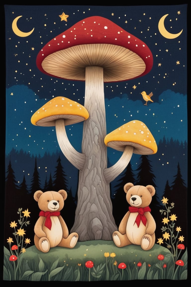 In this whimsical scene, a star-studded night sky serves as a celestial backdrop for a fantastical forest. Three cuddly Teddy bears, one seated and two standing tall, are nestled among a tapestry of vibrant flora. A majestic red and yellow mushroom takes center stage, its delicate branches supporting perched birds, including a rosy-hued companion. The warm glow of fireflies adds to the enchanting ambiance.