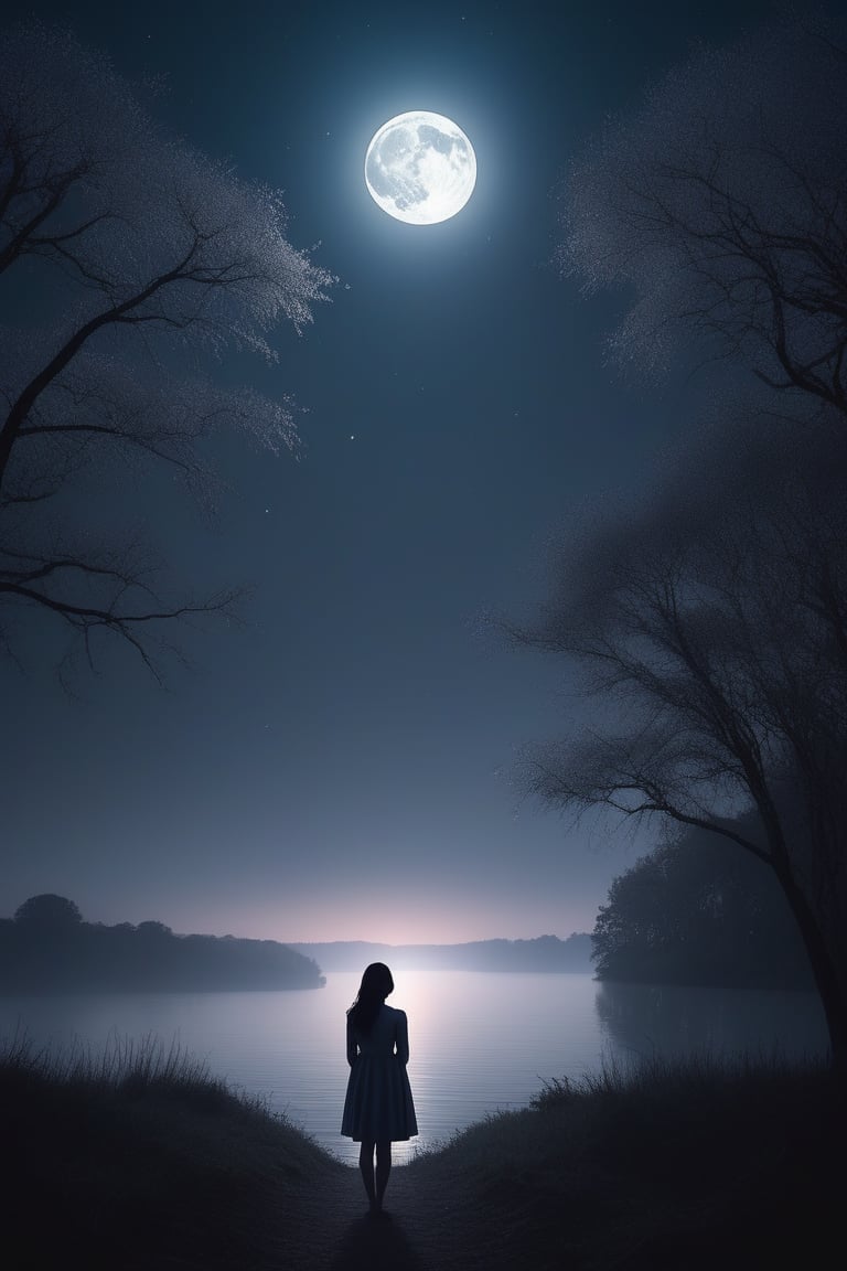 a girl looking at the horizon, in a beautiful night, soft moonlight, rays of moonlight, starlit sky, serene atmosphere, gentle breeze in the air, subtle colors, natural beauty, silhouette of trees, dreamy ambiance, peaceful, calm, reflective, deep thoughts, loneliness, tranquility, inner emotions, faint shadows, mystery, serene expression, soft glow, nighttime scenery, crisp air, nighttime solitude, whispers of night, ethereal atmosphere