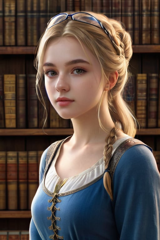 17 year old Medieval girl, named Sophie, medium blonde hair, blue eyes, medium breast, dynamic view, teen peasant girl, full body, 17 years old, (masterpiece), ultra high resolution, 8k, masterpiece UHD, unparalleled masterpiece, ultra realistic 8K, one beautiful girl,{masutepiece}, ((Best Quality)), hight resolution, {{Ultra-detailed}}, {extremely details CG}, {8k wall paper},kawaii,anime, Library Ladder, Climbing to reach a top-shelf book, Evening, Books of various sizes surrounding her, Vertical view of the tall bookshelf, Warm overhead lighting, Focus on her curiosity, Leather and paper Texture, Knowledge-seeking Mood, Wearing glasses and a sweater, Hair in a loose bun