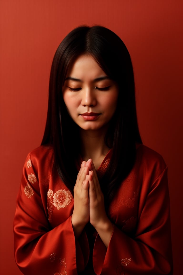A Chinese ancient beauty is praying, with hands clasped together, eyes closed in silence, wearing a solemn yet beautiful expression, Red Background