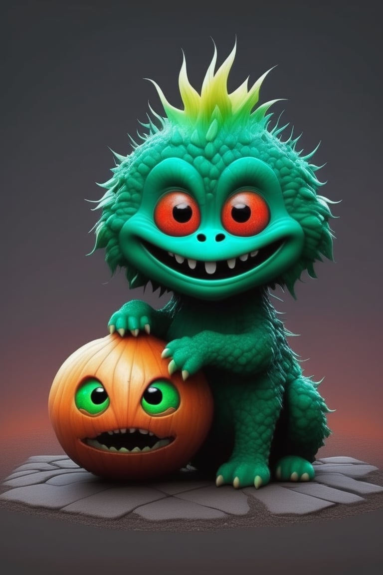 horror dark realistic, onion creature smile,and little poodle monster, simple background , sandstone asphalt cracked, by, form, cold orange green red theme,s fx-monsters-xl-meatsack,LegendDarkFantasy,Disney pixar style