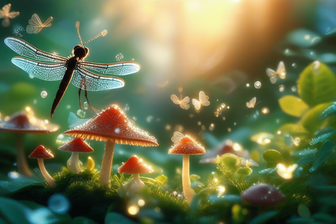 Create an enchanting whimsical fairy garden scene, where delicate plants and tiny mushrooms are adorned with sparkling dewdrops under a soft morning light. The composition captures glittering dragonflies in mid-flight, adding a dynamic element to the serene, lush setting. The framing focuses on the intricate details of the miniature landscape, inviting viewers into a magical, hidden world.