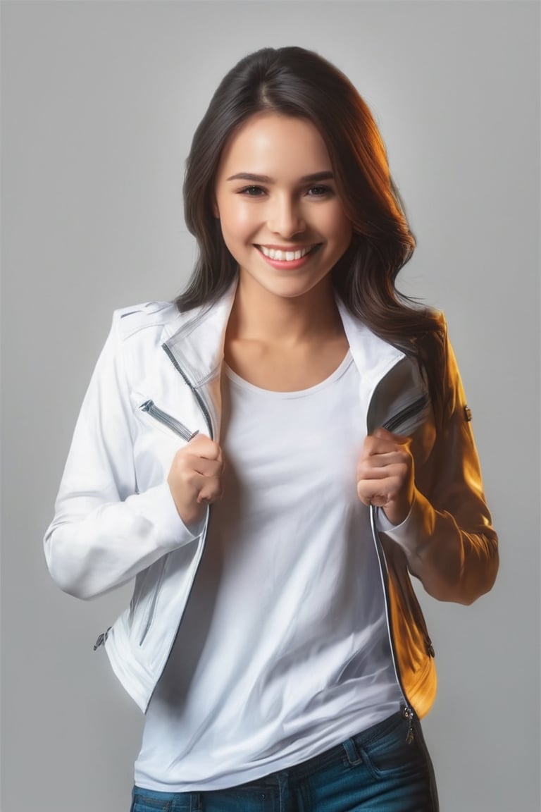 Masterpiece, highest quality image, A girl smiles, opening a black jacket with her hands, showing a white t-shirt, masterpiece, hdr, high resolution, best quality, masterpiece, studio light, professional,3d style