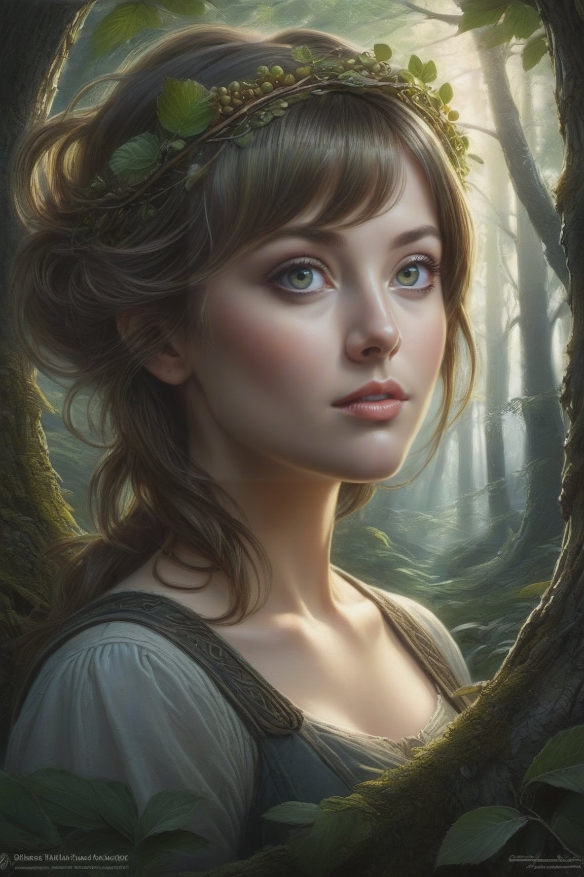 face of beautiful young woman with auborn hair and hazle eyes, looking at camera, art by aaron horkey, epic poster, forest, berries, watercolor painting, Jean-Baptiste Monge style, bright, beautiful in spring, splash, big perfect eyes, rim lighting, lights, magic, fa