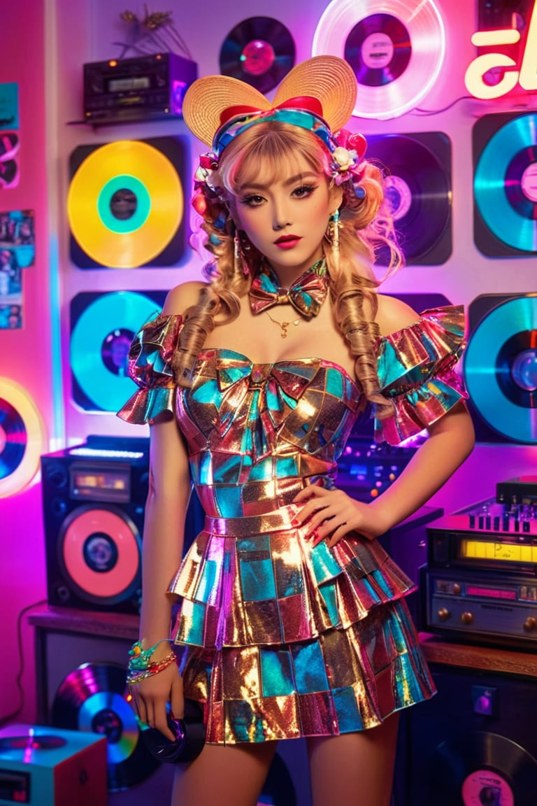 (masterpiece, cinematic, dynamic light & pose, ethereal quality, extremely detailed, vibrant lighting, neon illuminated, colorful, light particles), A retro-themed idol inspired by the 1980s, wearing vintage clothing with bold patterns, large hair accessories, and bright makeup. She stands in a neon-lit room with vinyl records and old-school electronics,hubggirl