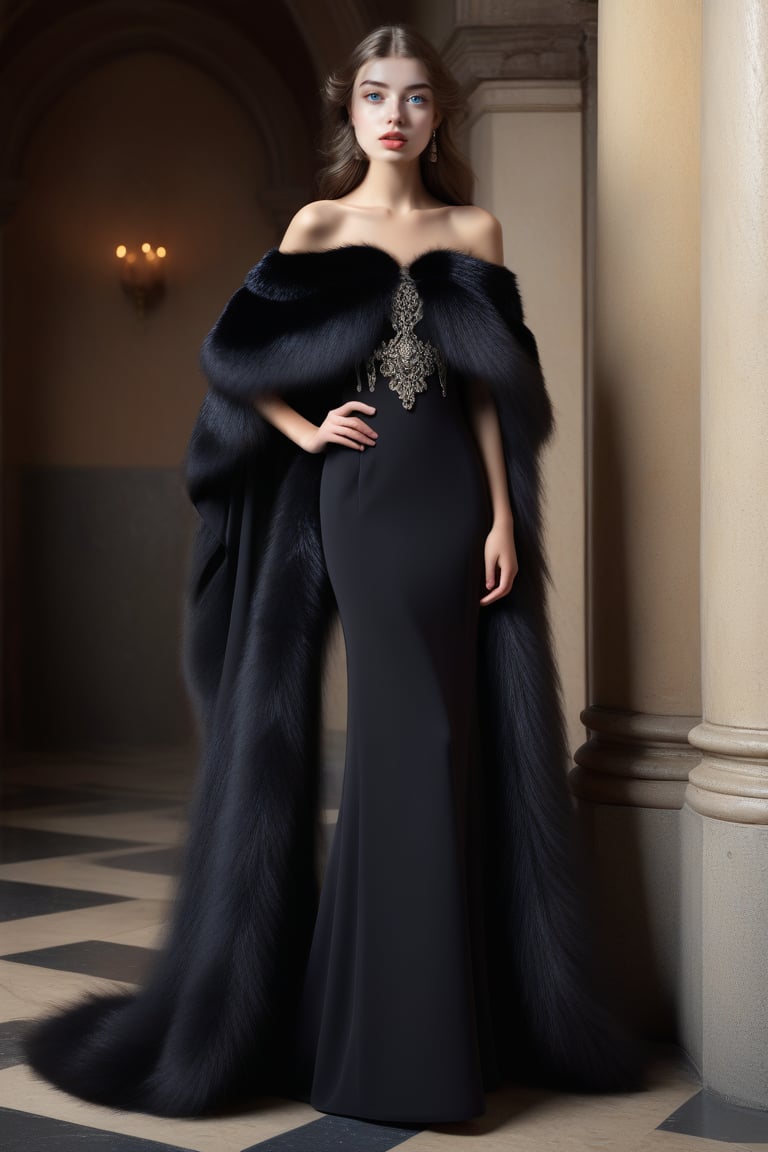 best quality, masterpiece,								
The beautiful Russian an model, her long wavy dark brown hair flowing elegantly, perfectly embodies the intertwining of Art Nouveau's flowing lines with Gothic's enigmatic depth, all while donning a fashionable tight off-the-shoulder black dress. This contemporary piece is artfully paired with a fur trim capelet, adding a touch of opulence. Her look is further elevated by sophisticated fashion accessories, making her the epitome of a glamorous Hollywood star, seamlessly blending historical elegance with modern flair.
ultra realistic illustration,siena natural ratio, by Ai Pic 3D,	16K, (HDR:1.4), high contrast, bokeh:1.2, lens flare,	head to toe,	digital art, ultra hd, realistic, vivid colors, extremely detailed, photography, ultra hd, realistic, vivid colors, highly detailed, UHD, perfect composition, beautiful detailed intricate insanely detailed octane render trending on artstation, 8k artistic photography, photorealistic concept art, soft natural volumetric cinematic perfect light.