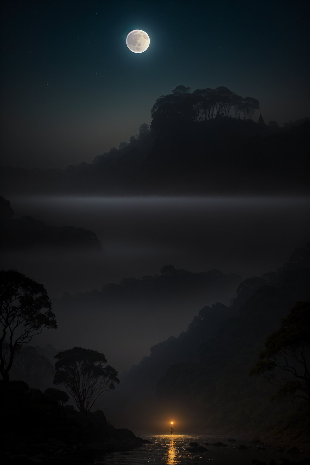 A serene fantasy scene unfolds beneath a radiant moonlit sky. A gnarled tree, its branches stretching towards the heavens like nature's own cathedral. In the distance, an alien figure emerges from the misty river, its bioluminescent scales shimmering in harmony with the lunar glow.,photorealistic