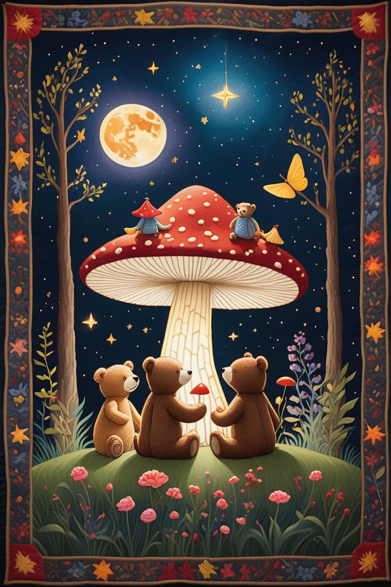 In this whimsical scene, a star-studded night sky serves as a celestial backdrop for a fantastical forest. Three cuddly Teddy bears, one seated and two standing tall, are nestled among a tapestry of vibrant flora. A majestic red and yellow mushroom takes center stage, its delicate branches supporting perched birds, including a rosy-hued companion. The warm glow of fireflies adds to the enchanting ambiance.