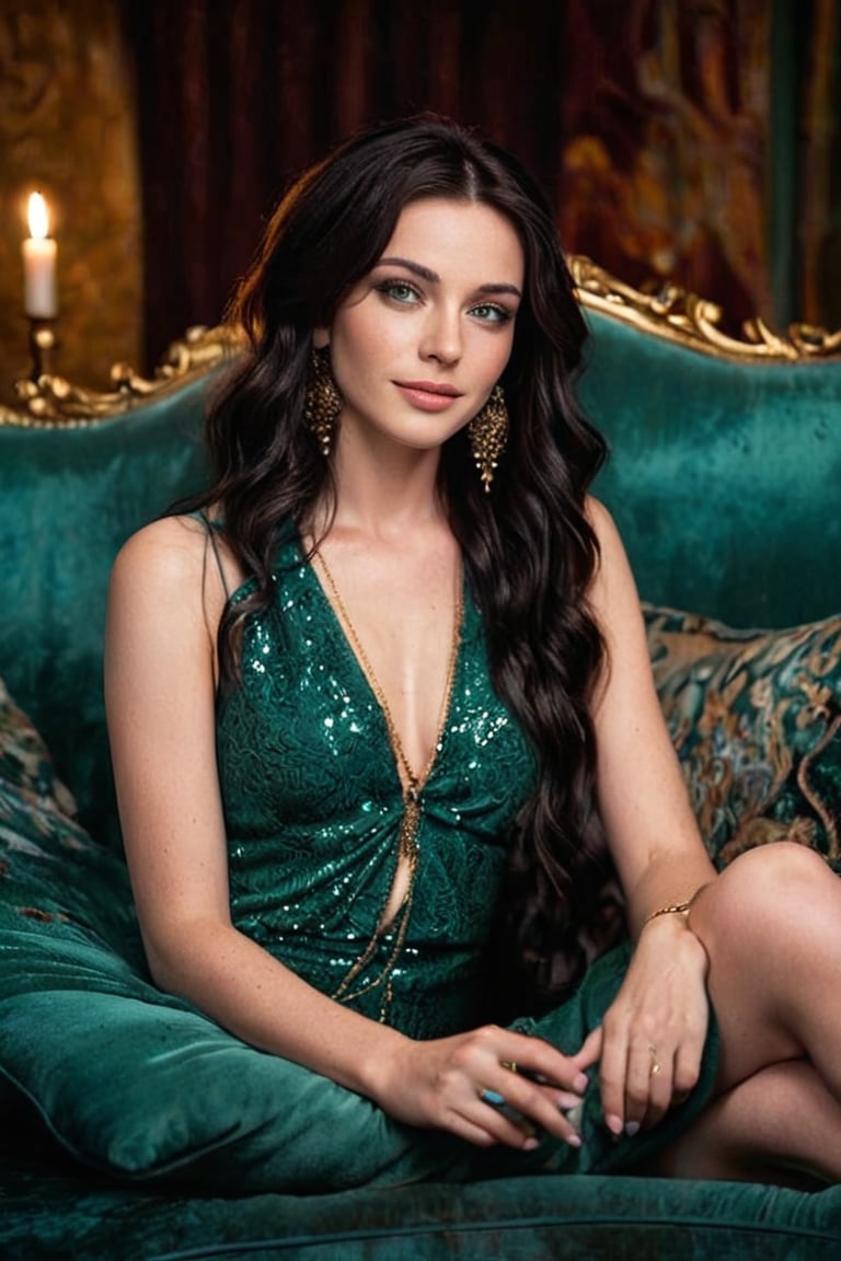 majestic woman, around 40 years old, sits poised on a plush couch, bathed in soft candlelight that casts a warm glow on her features. Ornate furnishings and rich textures create a luxurious atmosphere. Her raven hair, like a waterfall of night, cascades down her back, framing her porcelain skin and piercing green eyes that sparkle with quiet confidence. A subtle smile plays on her lips as she gazes out at the viewer with an air of elegance and poise.
