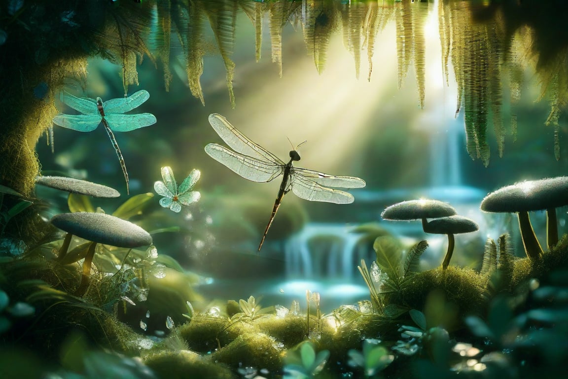 Soft morning light bathes the whimsical fairy garden, casting a gentle glow on delicate plants and tiny mushrooms adorned with sparkling dewdrops. Glittering dragonflies dance in mid-flight, their iridescent wings refracting the sunlight as they weave between miniature trees and winding vines. The composition's central axis is a tiny, shimmering waterfall, its misty veil suspended above a carpet of emerald moss. Framed by delicate petals and twisted twigs, this enchanted scene invites viewers to step into the magical world hidden among the dew-kissed flora.