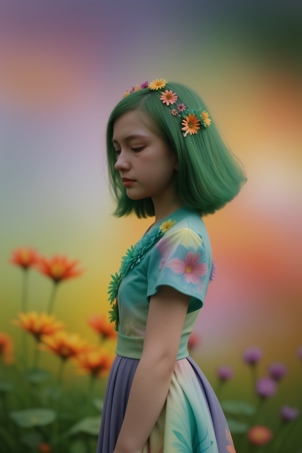 woman, flower dress, colorful, darl background,flower armor,green theme,exposure blend, medium shot, bokeh, (hdr:1.4), high contrast, (cinematic, teal and orange:0.85), (muted colors, dim colors, soothing tones:1.3), low saturation