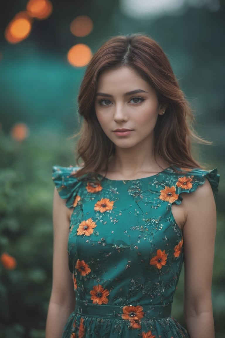 woman, flower dress, colorful, darl background,flower armor,green theme,exposure blend, medium shot, bokeh, (hdr:1.4), high contrast, (cinematic, teal and orange:0.85), (muted colors, dim colors, soothing tones:1.3), low saturation