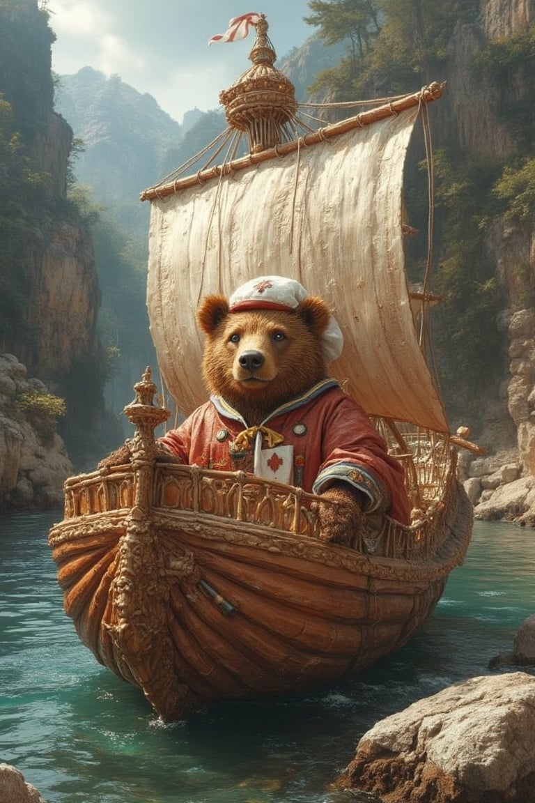 a giant nutshell boat with a little  bear dressed as sailor on it, masterpiece, intricate details