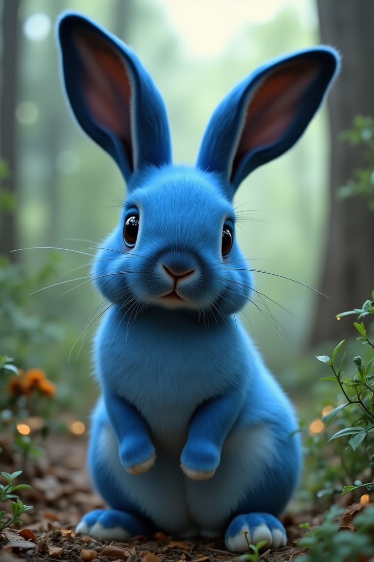 Big blue rabbit with black ears in a fantasy forest