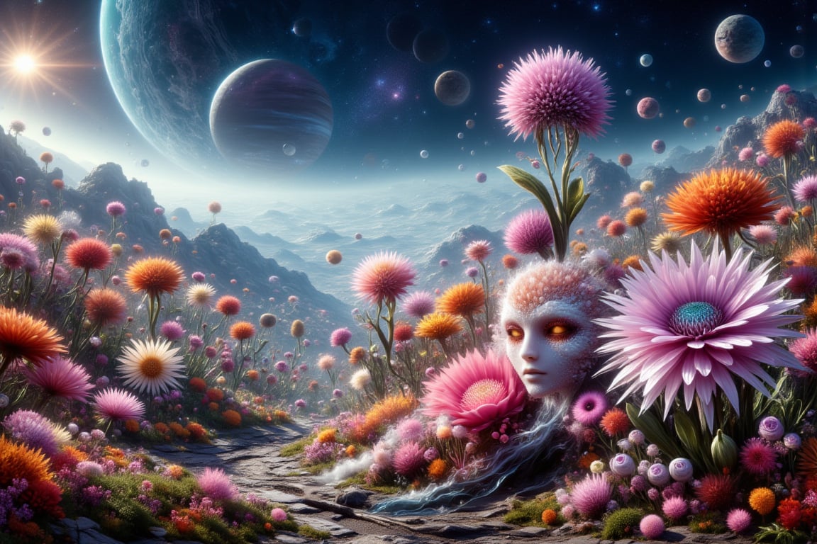 A surrealistic, ethereal shot of a breathtaking alien garden, set against the backdrop of a distant planet outside our solar system. A variety of extraordinary, never-before-seen flowers from this unknown world bloom in harmony, with one stunning species standing out - a simple yet captivating arrangement of extraterrestrial blooms that defy gravity and radiate an otherworldly beauty.