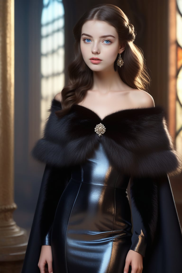 best quality, masterpiece,								
The beautiful Russian an model, her long wavy dark brown hair flowing elegantly, perfectly embodies the intertwining of Art Nouveau's flowing lines with Gothic's enigmatic depth, all while donning a fashionable tight off-the-shoulder black dress. This contemporary piece is artfully paired with a fur trim capelet, adding a touch of opulence. Her look is further elevated by sophisticated fashion accessories, making her the epitome of a glamorous Hollywood star, seamlessly blending historical elegance with modern flair.
ultra realistic illustration,siena natural ratio, by Ai Pic 3D,	16K, (HDR:1.4), high contrast, bokeh:1.2, lens flare,	head to toe,	digital art, ultra hd, realistic, vivid colors, extremely detailed, photography, ultra hd, realistic, vivid colors, highly detailed, UHD, perfect composition, beautiful detailed intricate insanely detailed octane render trending on artstation, 8k artistic photography, photorealistic concept art, soft natural volumetric cinematic perfect light.