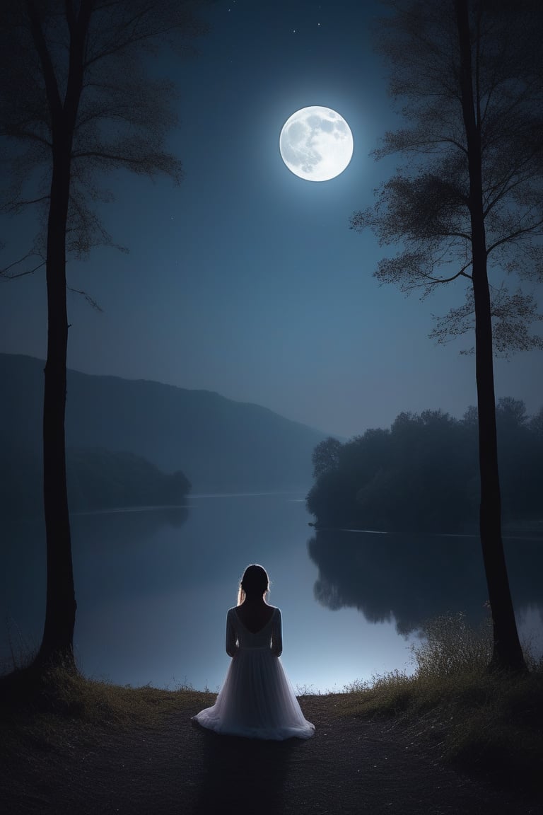 a girl looking at the horizon, in a beautiful night, soft moonlight, rays of moonlight, starlit sky, serene atmosphere, gentle breeze in the air, subtle colors, natural beauty, silhouette of trees, dreamy ambiance, peaceful, calm, reflective, deep thoughts, loneliness, tranquility, inner emotions, faint shadows, mystery, serene expression, soft glow, nighttime scenery, crisp air, nighttime solitude, whispers of night, ethereal atmosphere