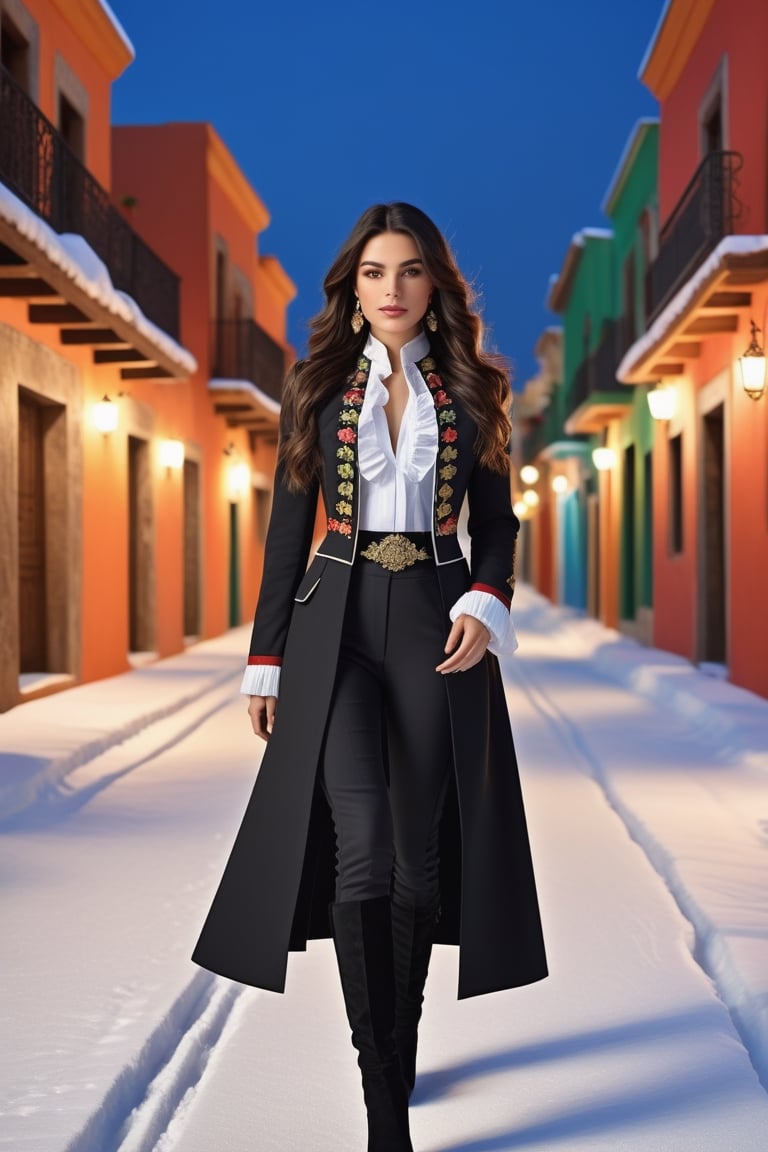 best quality, masterpiece,								
Amidst a vibrant setting that mirrors the lively streets of Mexico, a girl with long wavy black hair captivates the essence of modern Rococo style. Her fashion-forward attire, a contemporary interpretation of military uniforms, is lavishly accessorized, reflecting Mexico's rich cultural heritage and penchant for bold, expressive colors. Against the Mexican-style backdrop, her look is a harmonious blend of tradition and innovation, showcasing the dynamic spirit and creativity of Mexican artistry.
ultra realistic illustration,siena natural ratio, by Ai Pic 3D,	cinematic lighting, ambient lighting, sidelighting, cinematic shot,	Full length view,	A beautiful 18-year-old girl walking down an winter street, snow, Night view, Western, tomboy