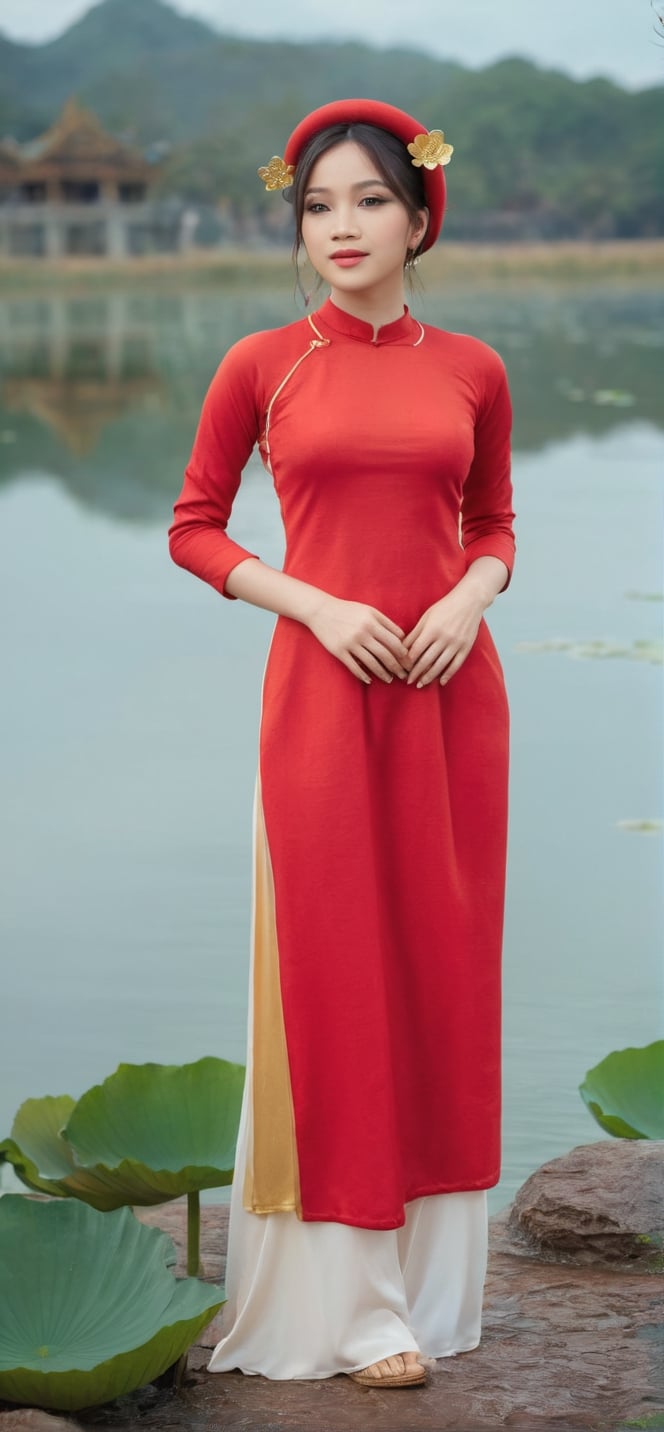 masterpiece,top quality,best quality,official art,beautiful and aesthetic,Sexy Vietnamese Idol 18 year woman,red ao dai with golden lotus pattern,full_body,fully_clothed,background lake with full of lotus,many audience,many photographer,ultra-high quality,photorealistic,sky background,dynamic pose,icemagicAI