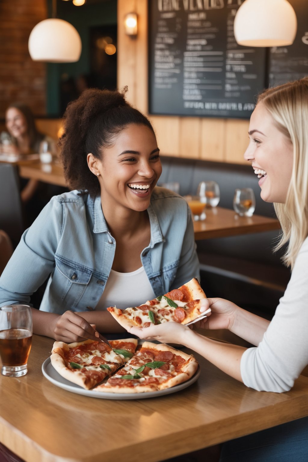 Prompt
Two young women enjoying a casual meal together at a restaurant, sharing laughter and pizza. One woman is holding a slice of pizza, while the other has her hand on the table. They are both smiling, suggesting a friendly and relaxed atmosphere. The background features other patrons and a menu board, indicating they are in a public dining setting.