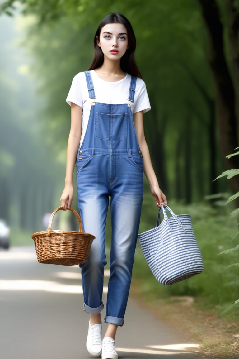 Cat wearing overalls and carrying a basket, street style, wearing blue jeans, white T-shirt with transparent/translucent effect, forest style, stripes, urban street life scene, -ar 9:16, long legs and hot body, more Multi-detail XL