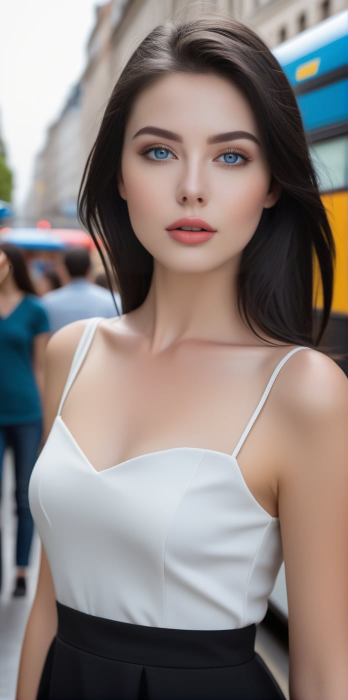 Sexy European girl, 28 years old, slightly freckled, blue eyes, wet lips, black straight hair, white dress, black skirt, in the middle of the busy and crowded city, at the bus stop, among the people at the stop, waiting for the bus to arrive ((wide perspective), hyper realistic, ((wide perspective photography)) digital art, modern, stylish, highly detailed, colorful, smooth, attractive, beautiful, soft smile, soft lips, sexy, far angle, wide angle,flat chested,1girl