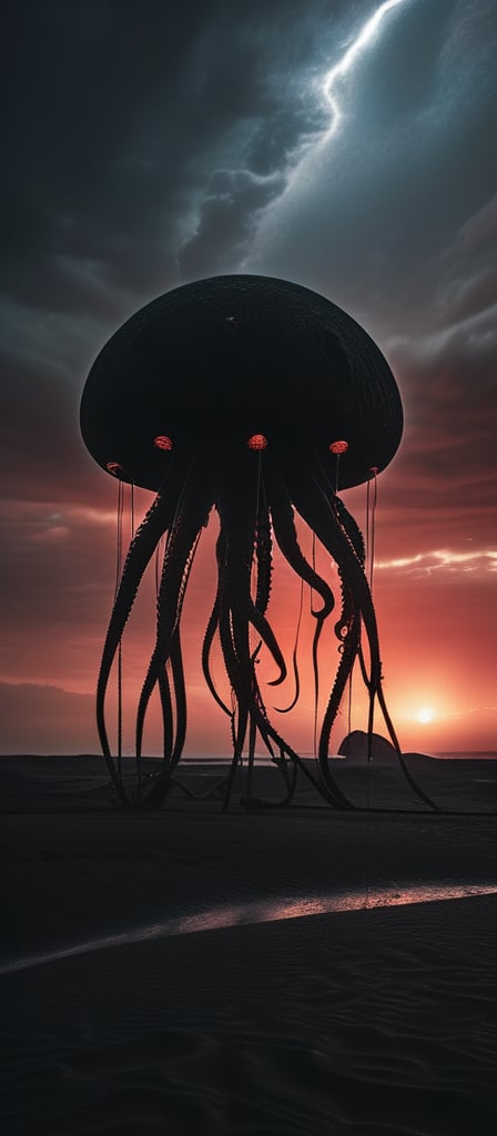 photo of a black sand desert, several giant black otherworldly creatures with cable-like hanging tentacles are floating in the starry sky, a faint red sun barely shines through the cloud cover, highly detailed, cinemascope, moody, epic, photorealistic, color graded cinematic, atmospheric lighting, award winning photo, film grain