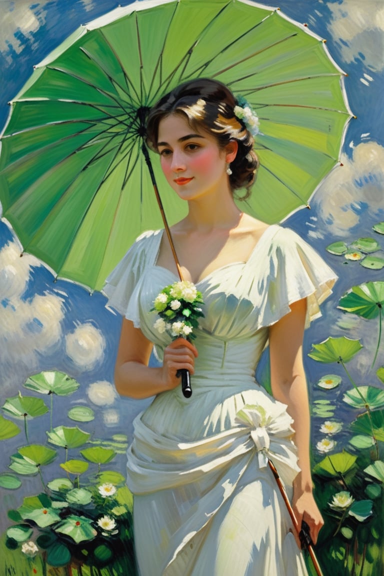 painting of a woman in a white dress holding a green umbrella, standing with a parasol, monet painting, monet painted, by claude monet, by Claude Monet, charles monet, style of monet, claude monet), by Monet, an impressionist painting, by Blanche Hoschedé Monet, calude monet style, style of claude monet, monet. stunning lighting,