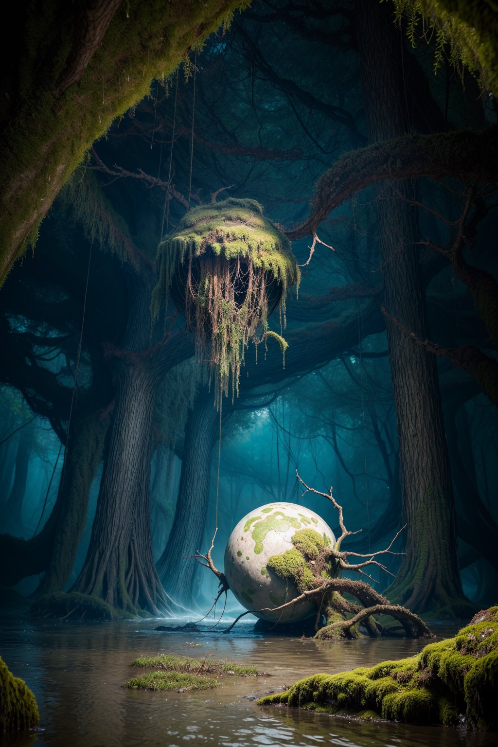 
cast into the subterrain of the wooded thicket held within the very roots of this tangled cave, wet, flooded and mud laden, the tangled roots fight menacing as a (( mossy sphere)) rises from the moss covered wilds forcing its way through misty cavern, growing larger, more powerful, icy veins, torment, cavern explodes,

dark evil lurks guiding the mossy globe from its shell, torrid torment, trapped, demon casts net of flux, lines of treants entrap the globe, bubbling furment of sceptic poison, curdled souls,