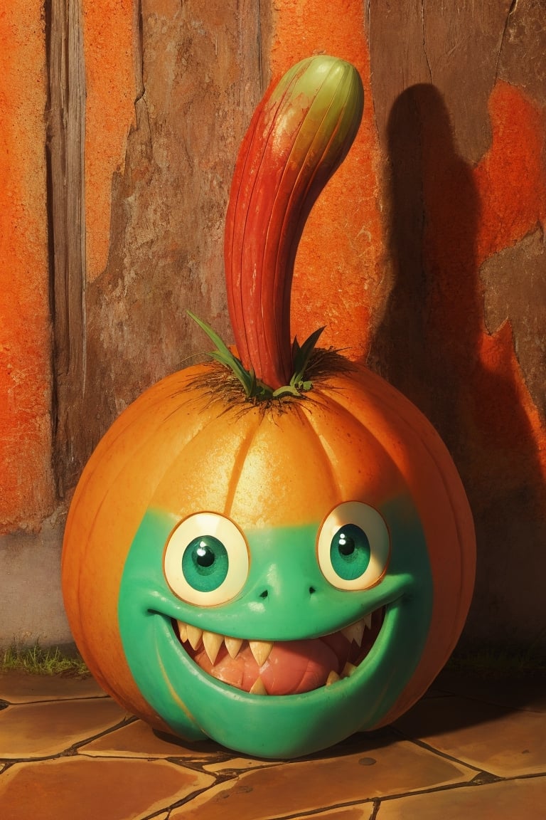 horror dark realistic, onion creature smile, simple background , sandstone asphalt cracked, by, form, cold orange green red theme,s fx-monsters-xl-meatsack