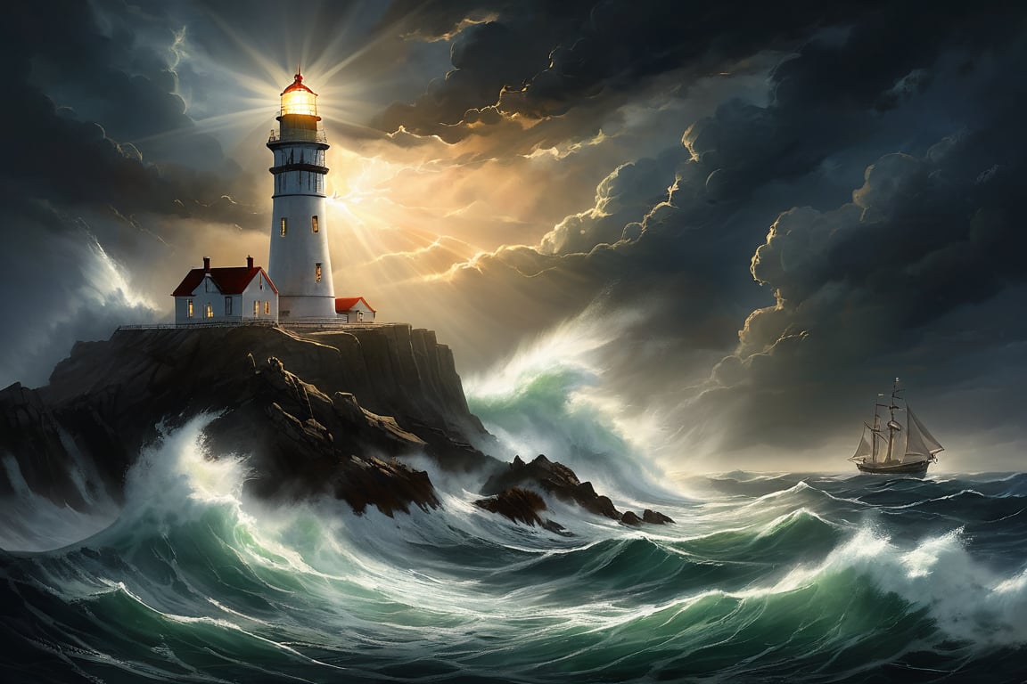 "A dramatic scene with a towering lighthouse on a rocky cliff, illuminated by a powerful beam of light cutting through a dark, stormy sky. The lighthouse lamp is intensely bright, casting a strong light that pierces through the darkness and highlights the jagged rocks and crashing waves below. Waves crash violently against the rocks, and a distressed ship battles the turbulent sea. The image features intense chiaroscuro lighting, with stark contrasts between light and dark areas, creating deep shadows and bright highlights. The lighthouse stands as a beacon of light amidst the darkness, casting long shadows across the scene. The background is filled with dramatic clouds, adding to the sense of intensity and depth. Visible brush strokes and a painterly texture enhance the dramatic atmosphere. The overall mood is one of suspense and power, with dynamic elements like the waves and clouds adding to the sense of motion and energy."